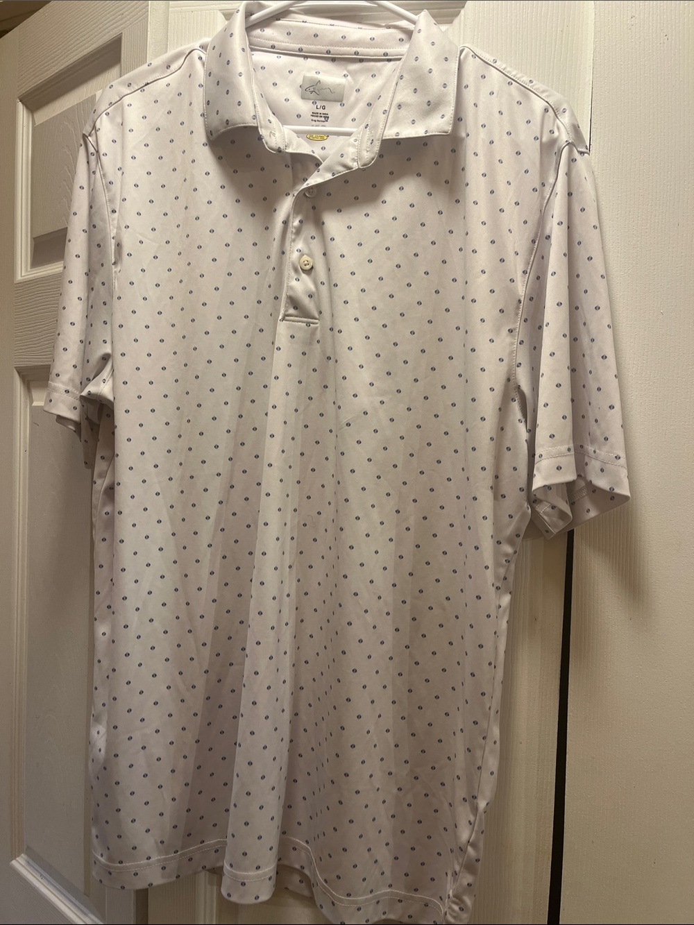 Men's White Polo Shirt with Subtle Blue Dot Print